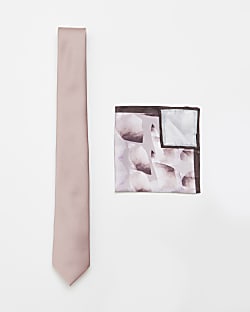 Pink twill tie and floral Pocket square set