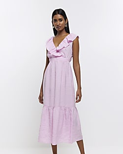 Pink v-neck frill maxi dress