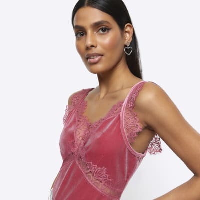 Pink Velvet Lace Trim Bodysuit River Island