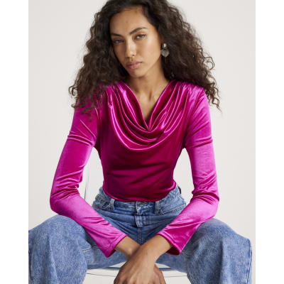 Pink Velvet Long Sleeve Cowl Neck Bodysuit