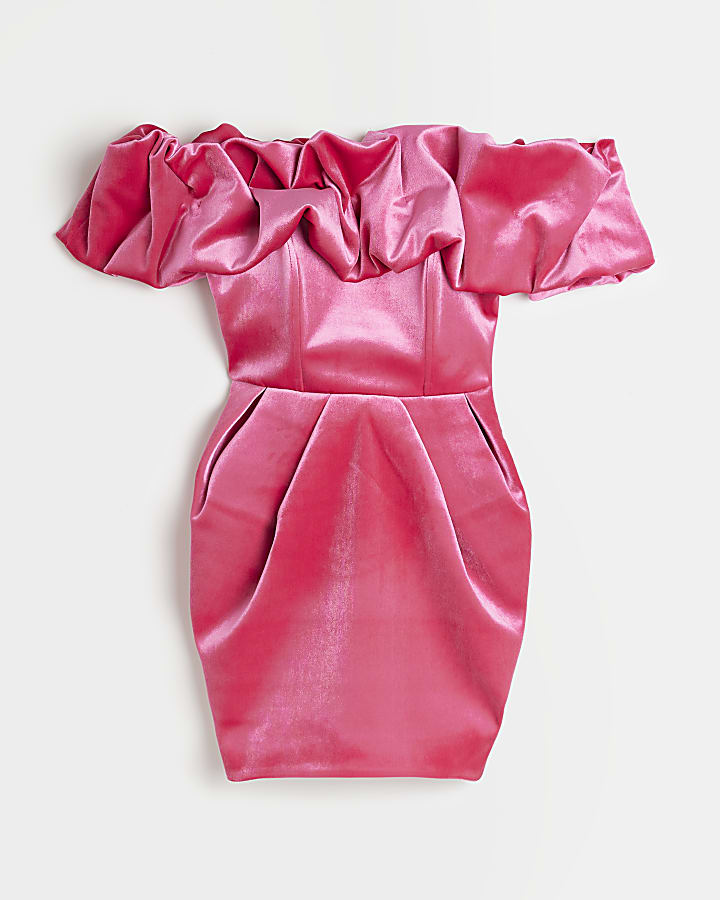 Pink velvet puff bardot mini dress