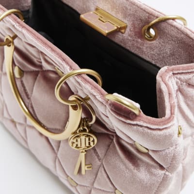 Pink velvet quilted tote bag River Island