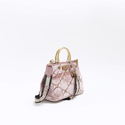 Pink velvet quilted tote bag River Island