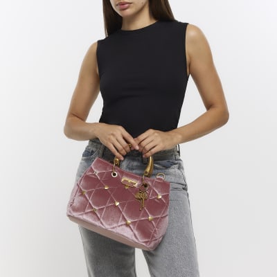 Pink velvet quilted tote bag River Island
