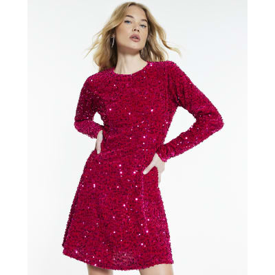 Pink Velvet Sequin Long Sleeve Mini Dress