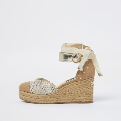 Pink weave studded wedges | River Island