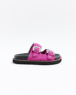 Pink wide fit embellished buckle flat sandals