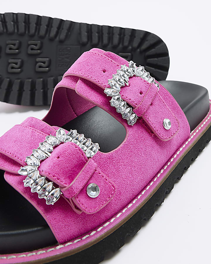 Pink wide fit embellished buckle slides