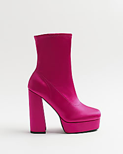 Pink wide fit satin platform heeled boots