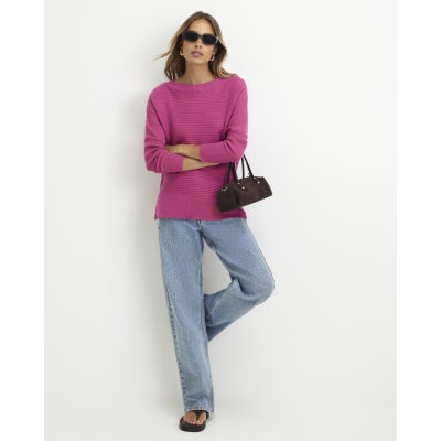 Pink Wide Neck Rib Knit Jumper | River Island