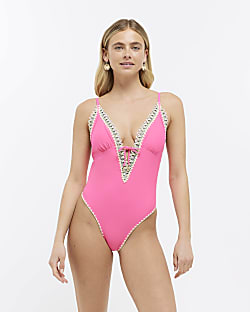 Pink woven detail plunge swimsuit