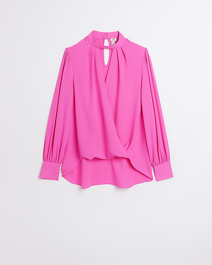 Pink wrap long sleeve blouse