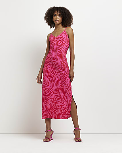 Pink zebra print slip midi dress