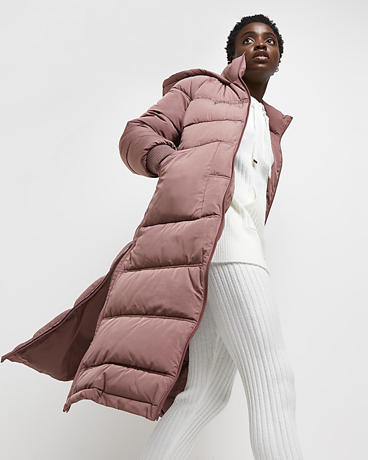 Pink zip detail longline puffer coat