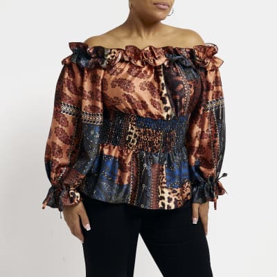 Plus animal print satin bardot top | River Island