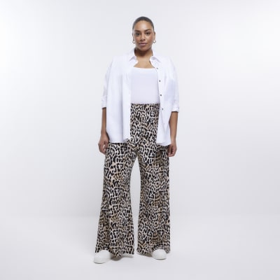 River Island Plus monogram print pajama shirt & pants set in beige