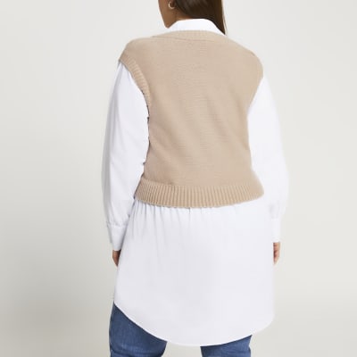 Plus beige cable knit tank dress