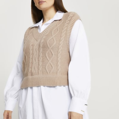 Plus beige cable knit tank dress