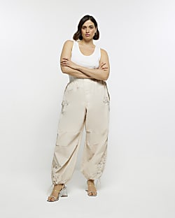 Plus beige embroidered cargo trousers
