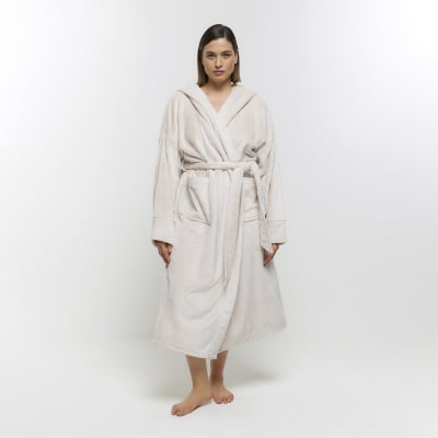 Plus Beige fluffy hooded dressing gown River Island
