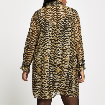 Plus beige leopard print frill mini dress