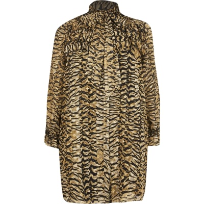 Plus beige leopard print frill mini dress
