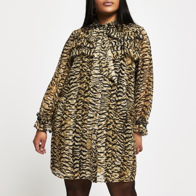 Plus beige leopard print frill mini dress