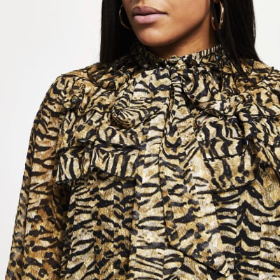 Plus beige leopard print frill mini dress