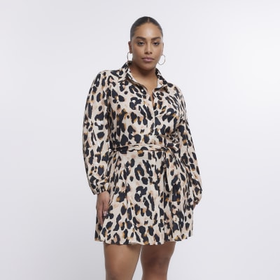 Plus beige leopard print mini shirt dress