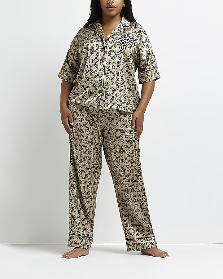 Plus beige RI monogram print pyjama trousers