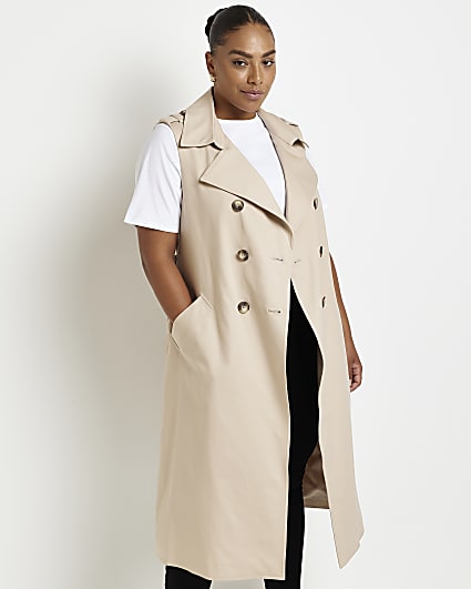 Plus beige sleeveless longline trench coat