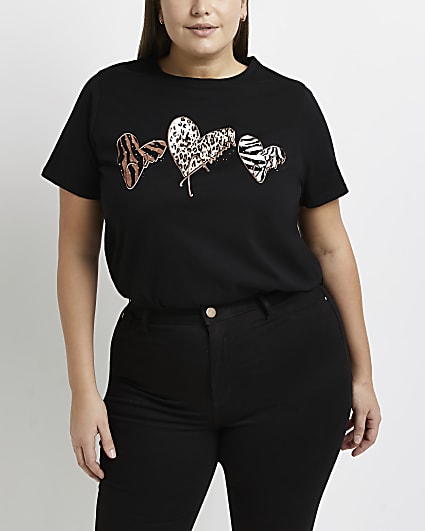 Plus black animal print graphic heart t-shirt