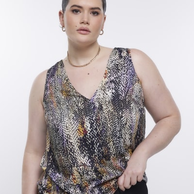 Plus black animal print satin top