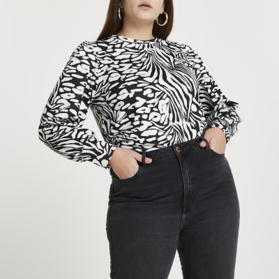 Plus black animal print tie back blouse top