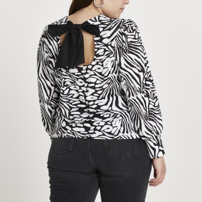 Plus black animal print tie back blouse top
