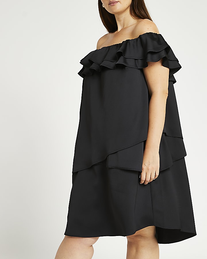 Plus black bardot frill mini dress