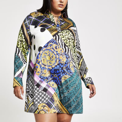 Plus black baroque print shirt dress