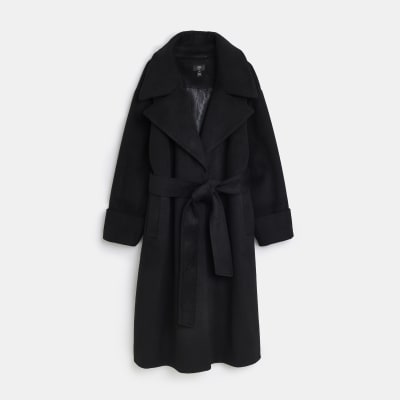 Plus black belted longline coat | River Island