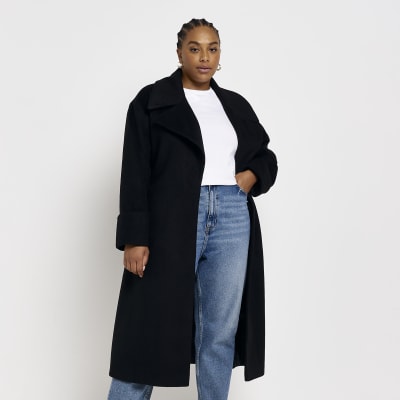 Plus black belted longline coat | River Island