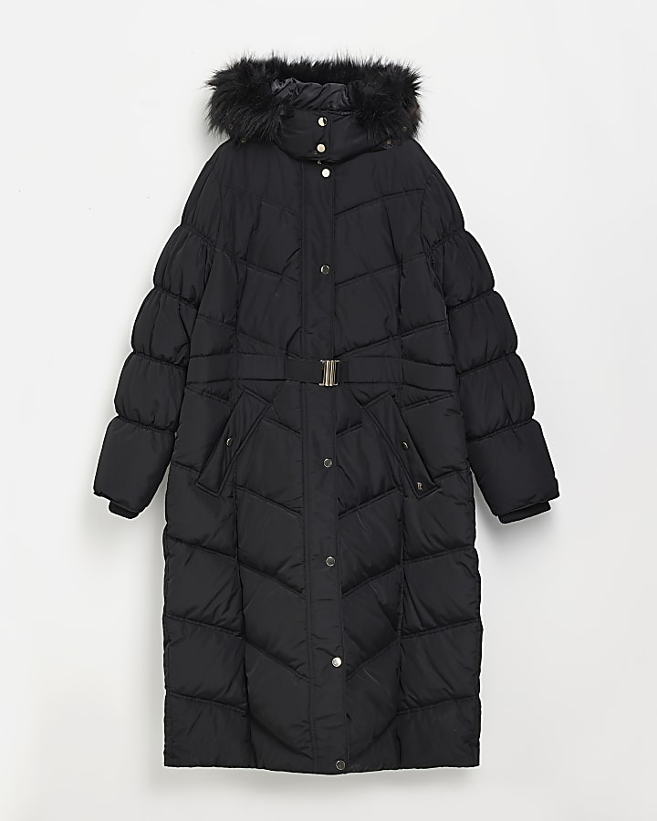 Plus black belted longline puffer coat