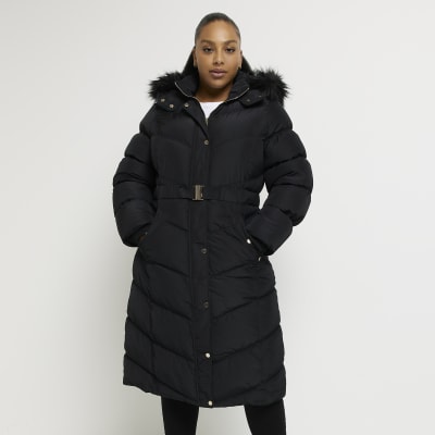Plus black belted longline puffer coat River Island
