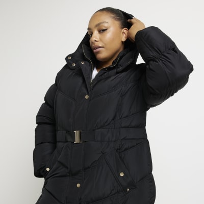 Plus black belted longline puffer coat River Island