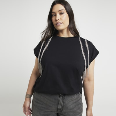 River Island Womens Plus Black Chain Fringe T-Shirt