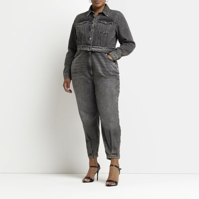 Plus black denim belted tapered leg jumpsuit
