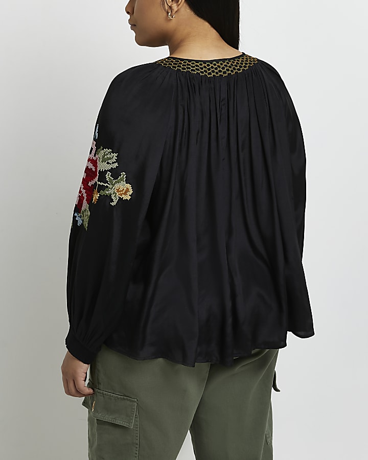 Plus black embroidered floral smock top