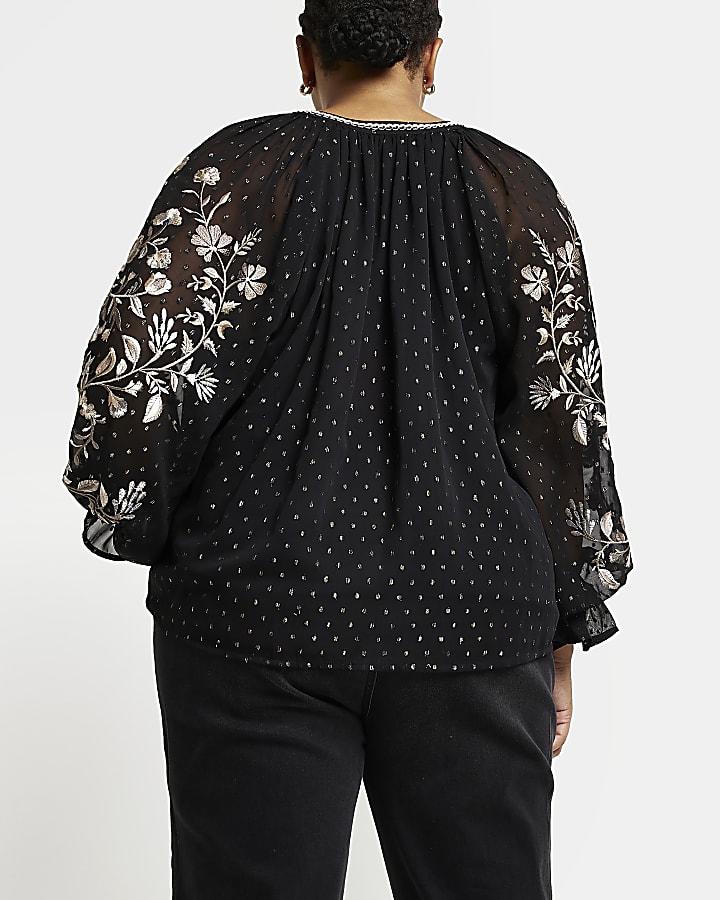 Plus black embroidered long sleeve blouse
