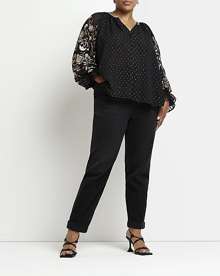 Plus black embroidered long sleeve blouse