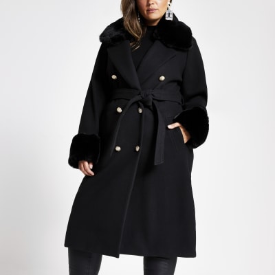 Plus black faux fur collar belted coat | River Island