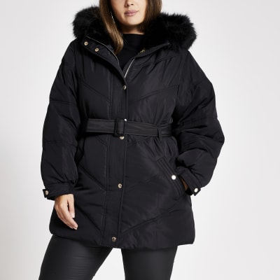 black faux fur hooded belted puffer coat