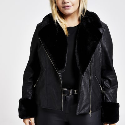 Plus black faux fur quilted biker jacket